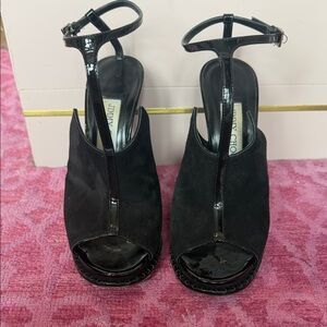 Jimmy Choo Black T-Strap Peep Toe Heels